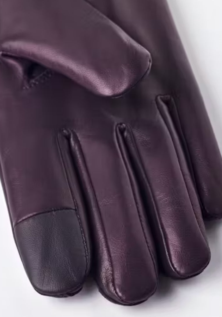 Hestra Leather Touchscreen Gloves with Wool Lining in Dark Plum