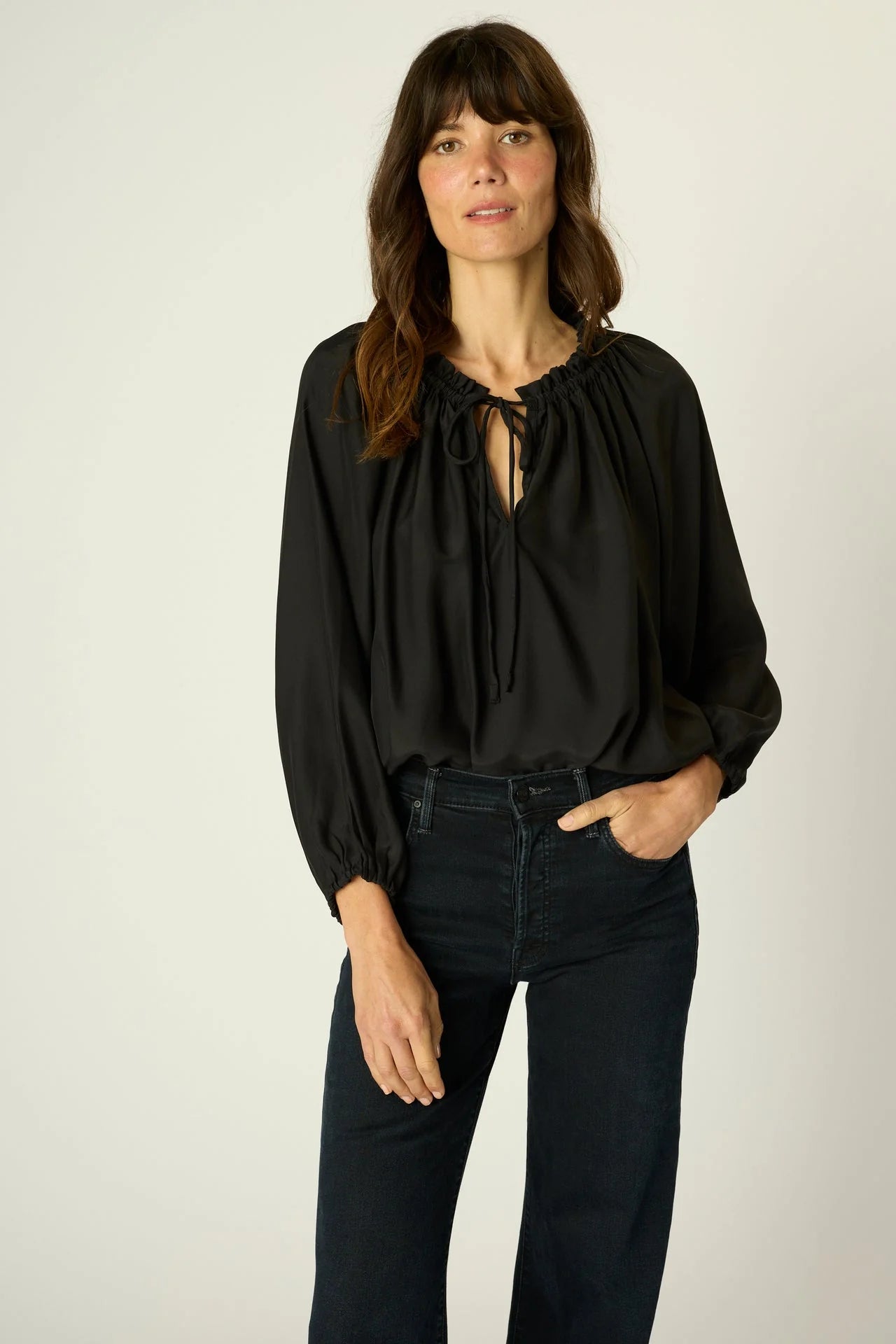 Natalie Martin Long Sleeve Neck Tie Silk Shirt in Black - SKULPT Dublin