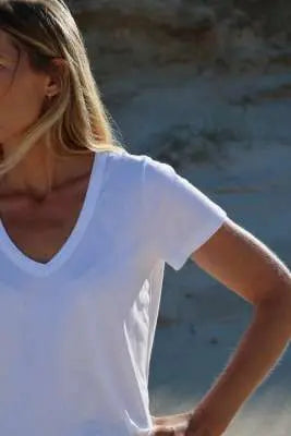 SoS Tee Shirt V Neck Short Sleeve in White - SKULPT Dublin