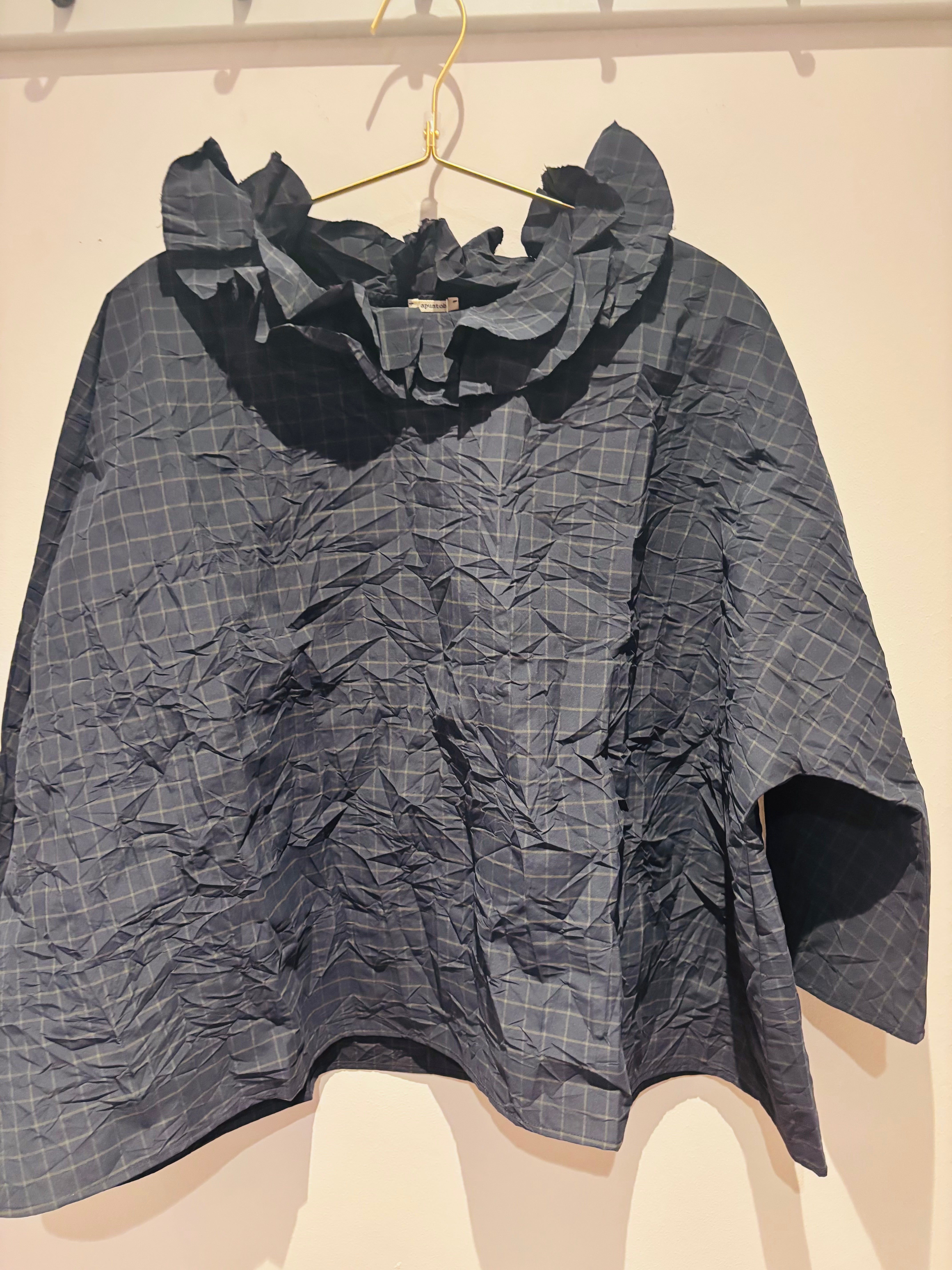 Apuntob Ruffle Shirt in Navy and Khaki Check - SKULPT Dublin