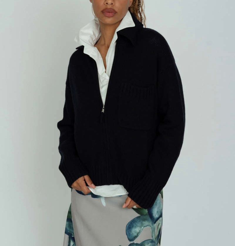 Allude Zipped Cardigan in Dark Navy - SKULPT Dublin
