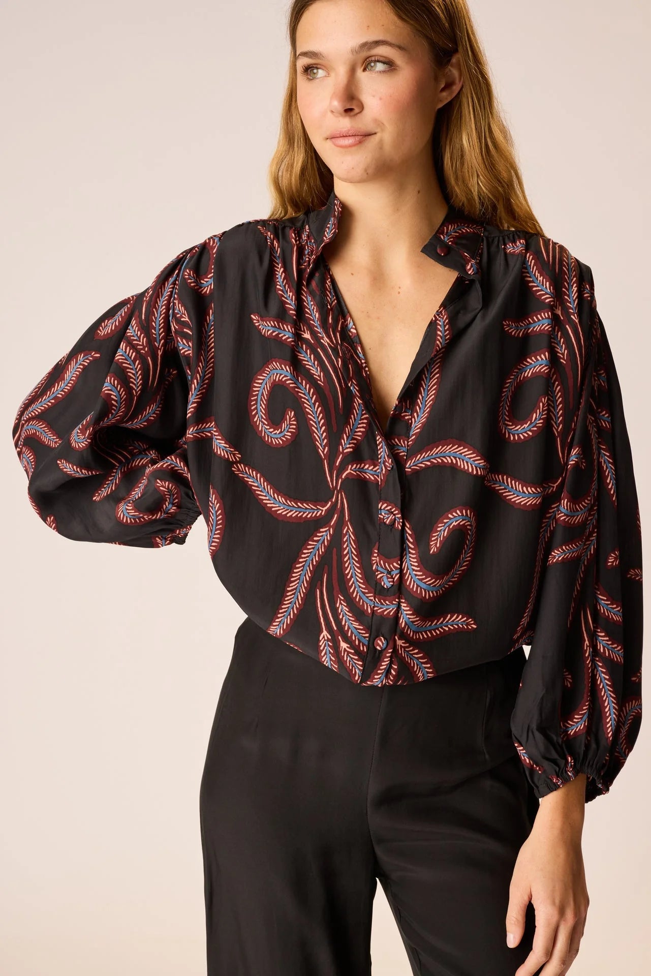 Natalie Martin Long Sleeve Silk Shirt in Feather Black