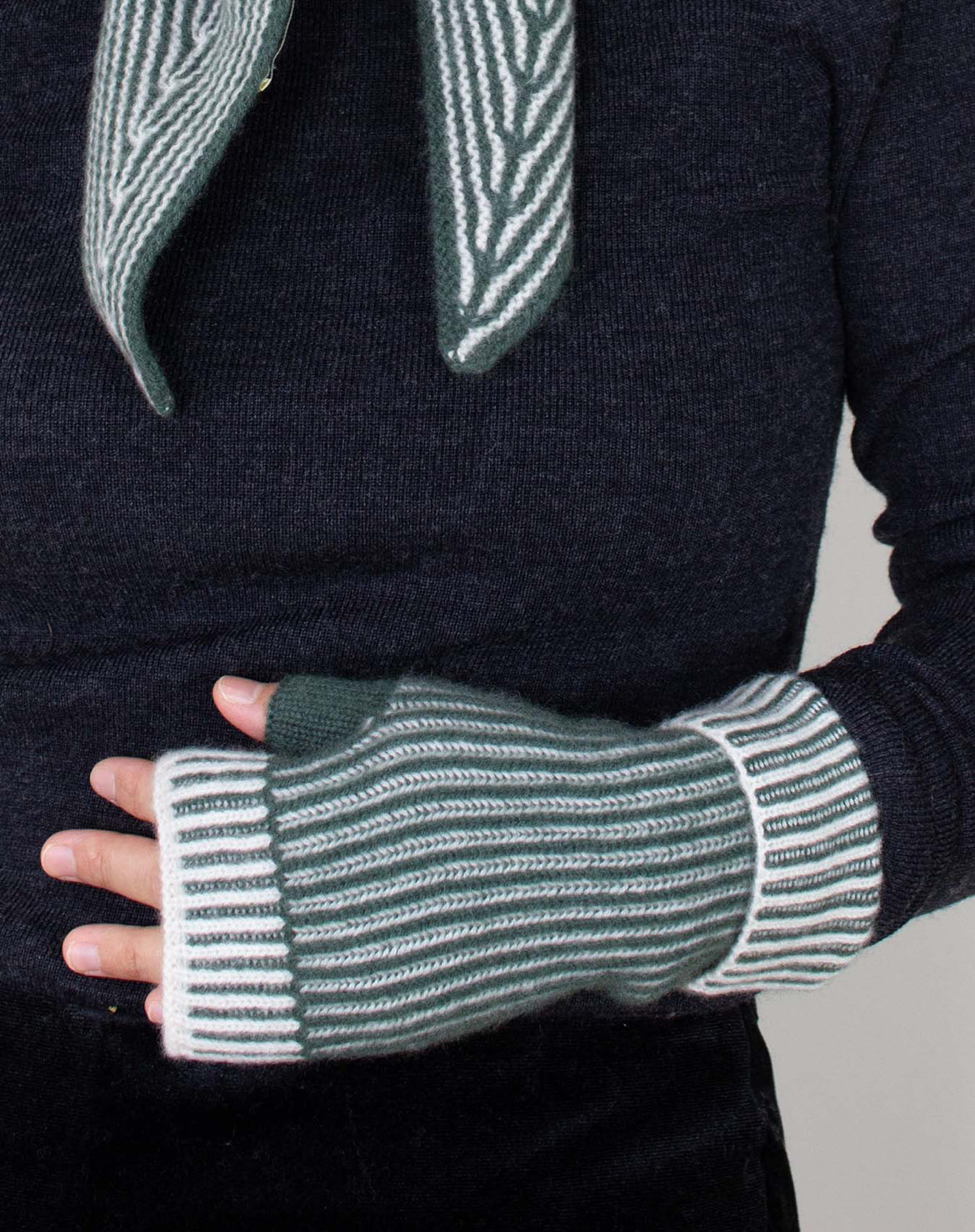 Oats & Rice in Fingerless Gloves in Green Stripe