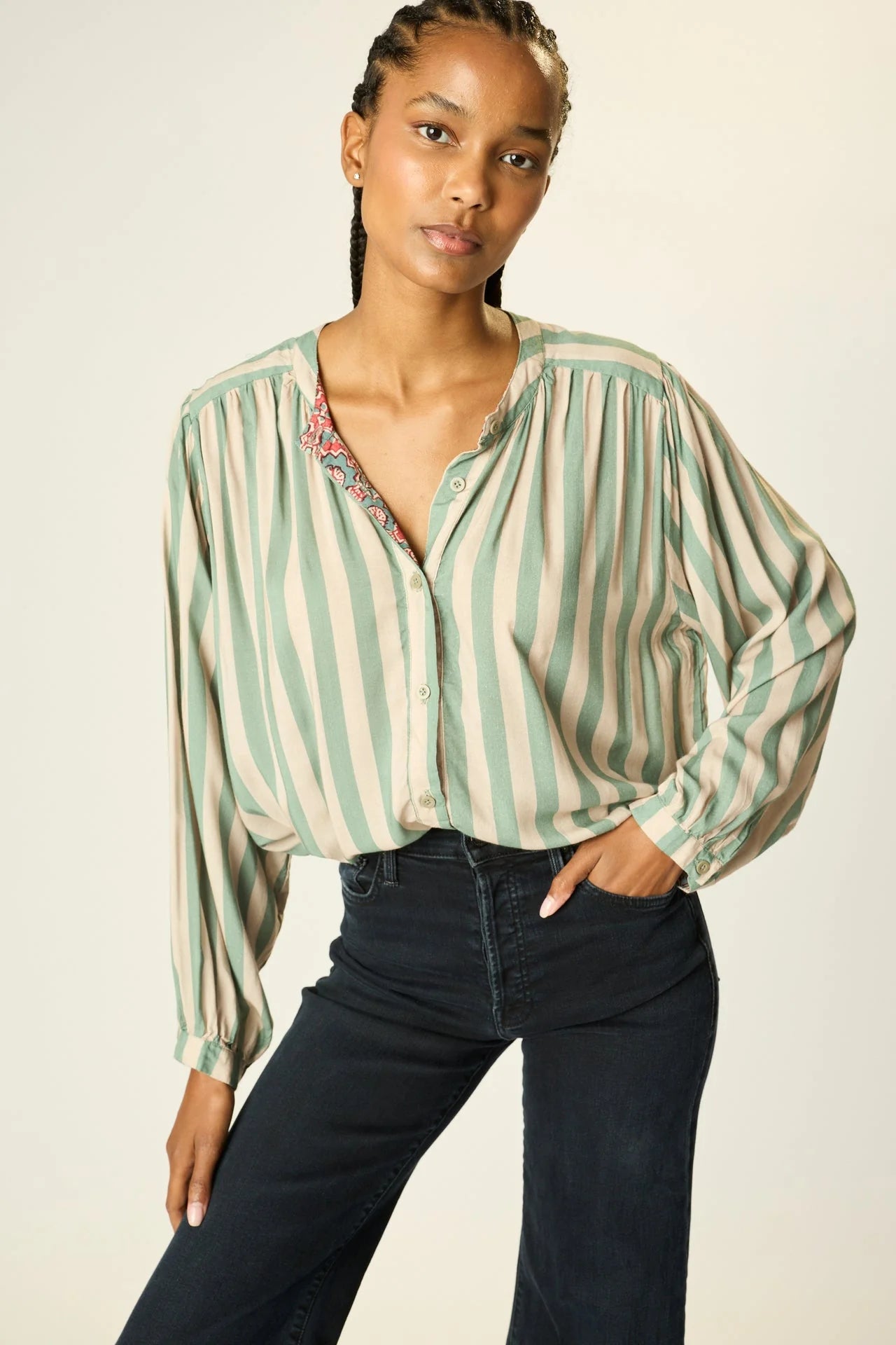 Natalie Martin Long Sleeve Shirt in Jade Stripe