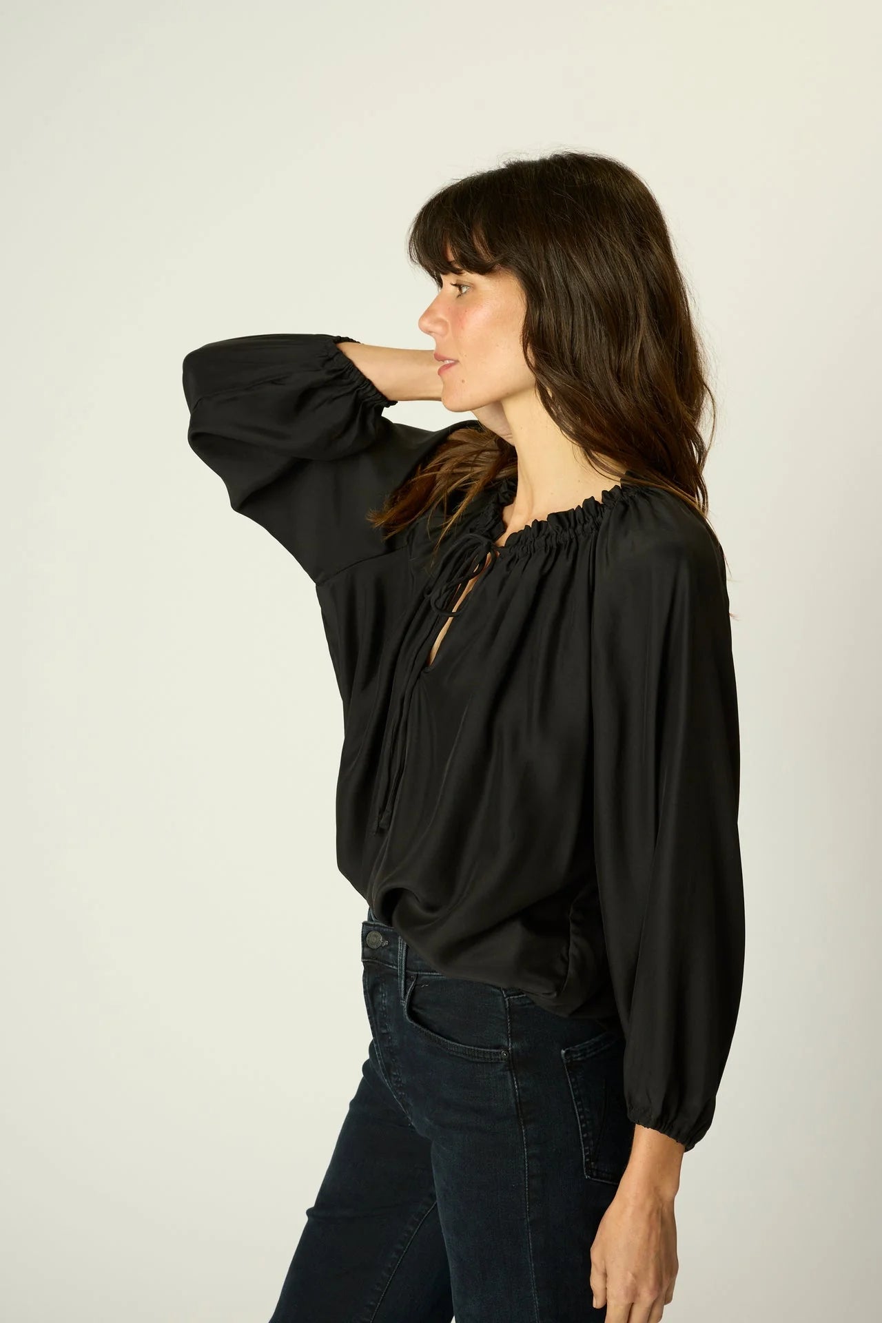 Natalie Martin Long Sleeve Neck Tie Silk Shirt in Black