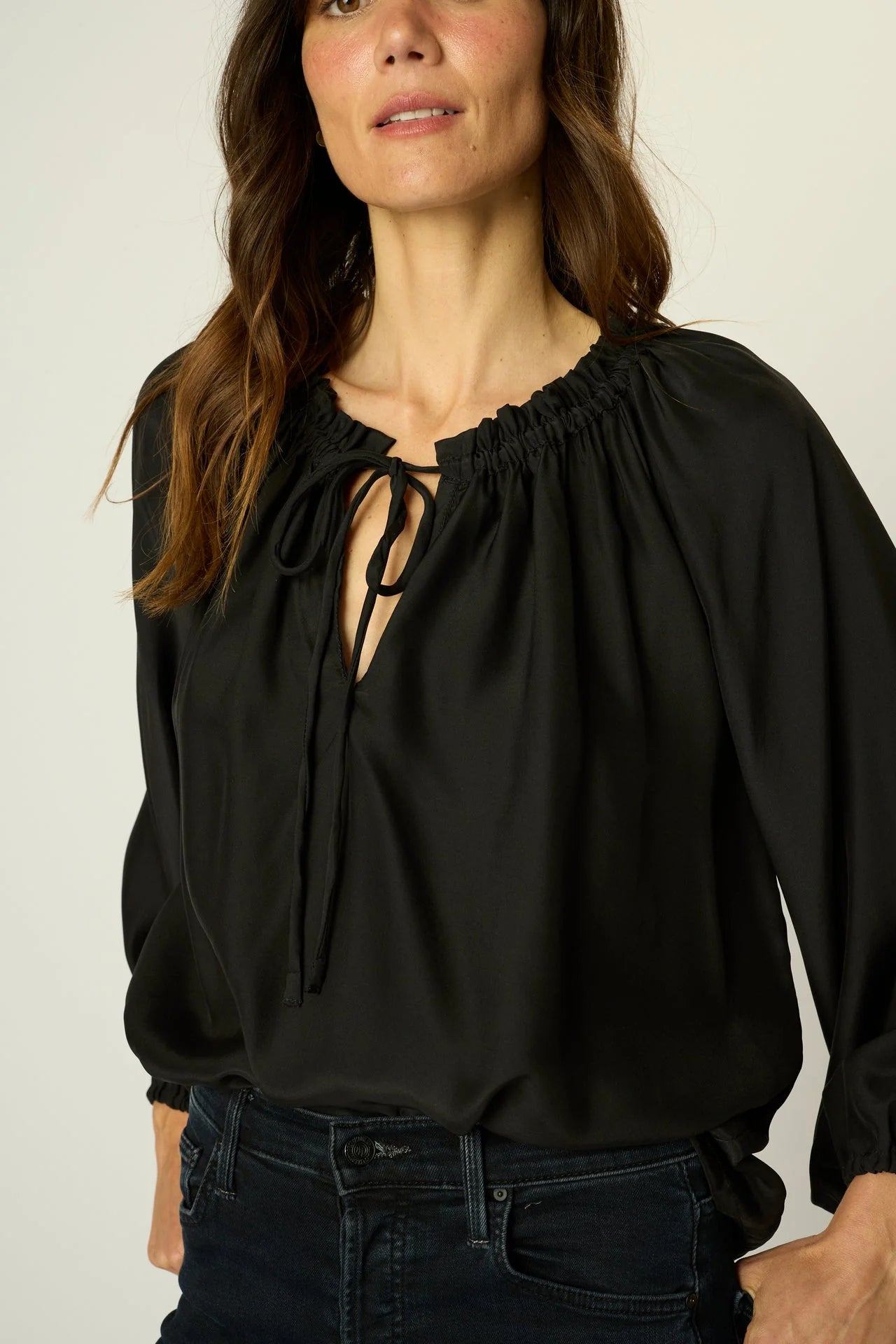 Natalie Martin Long Sleeve Neck Tie Silk Shirt in Black - SKULPT Dublin