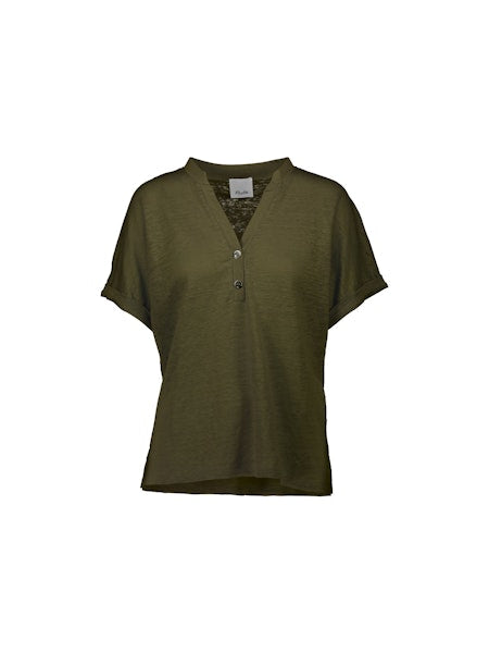 Allude Cotton V Neck Button Tee in Khaki - SKULPT Dublin