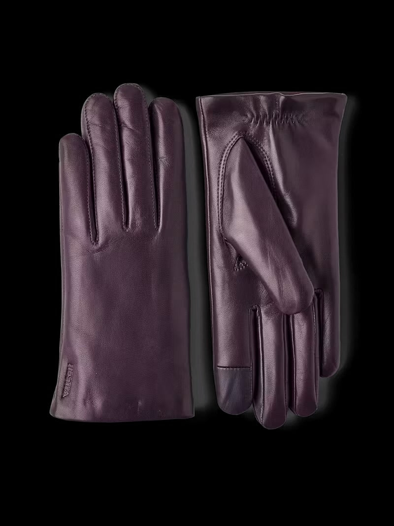 Hestra Leather Touchscreen Gloves with Wool Lining in Dark Plum