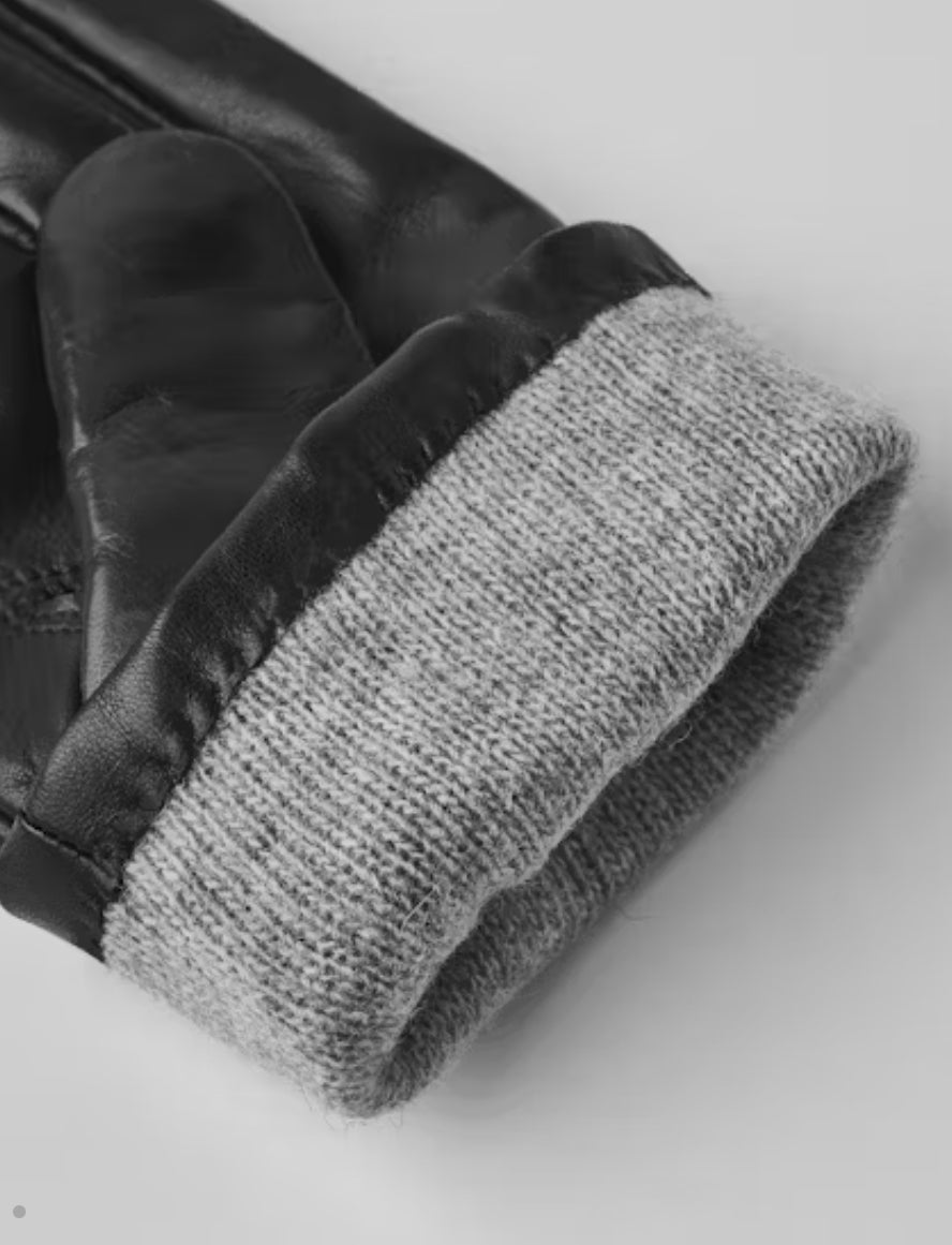 Hestra Leather Touchscreen Gloves with Wool Lining in Black