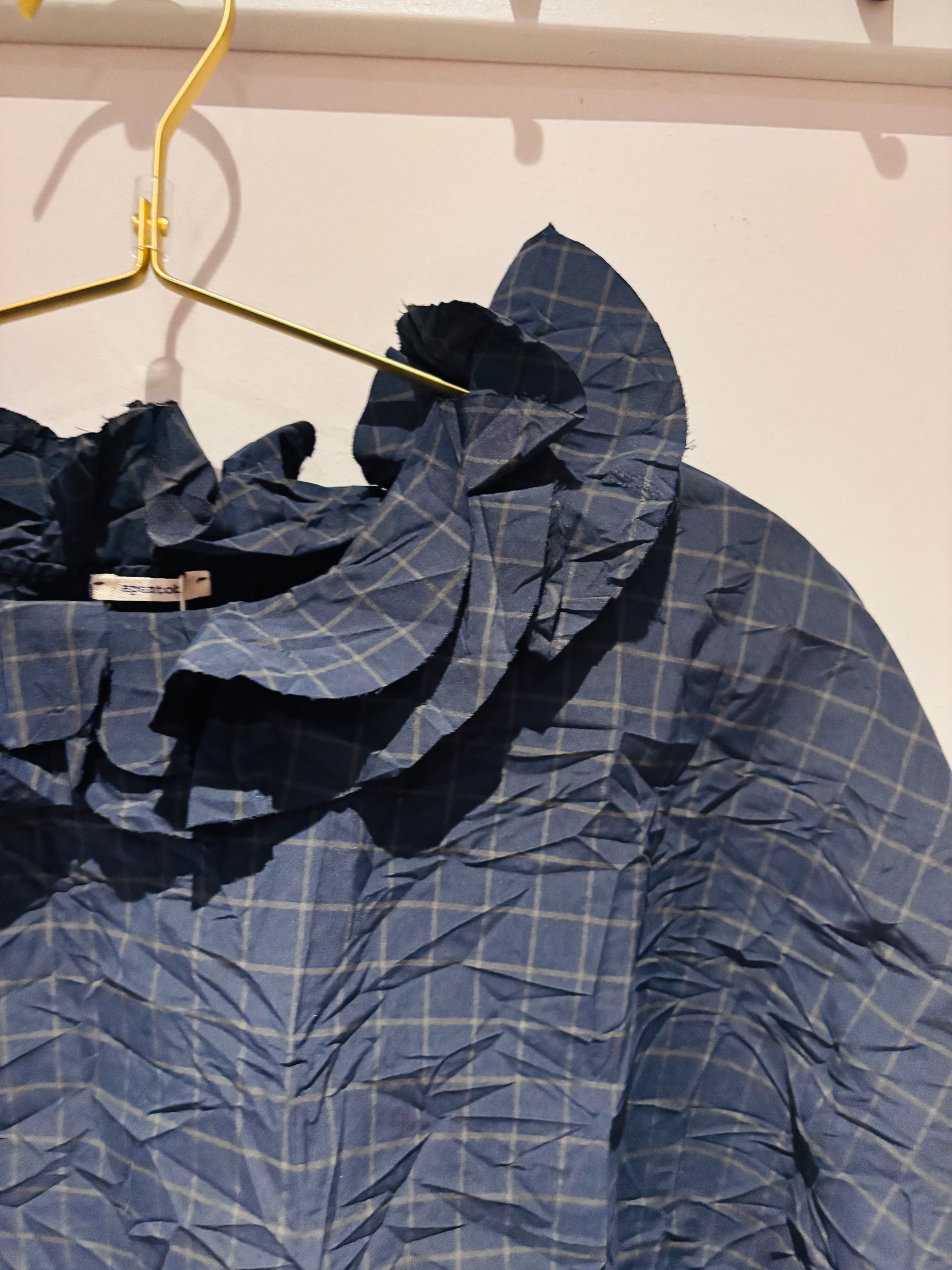 Apuntob Ruffle Shirt in Navy and Khaki Check - SKULPT Dublin