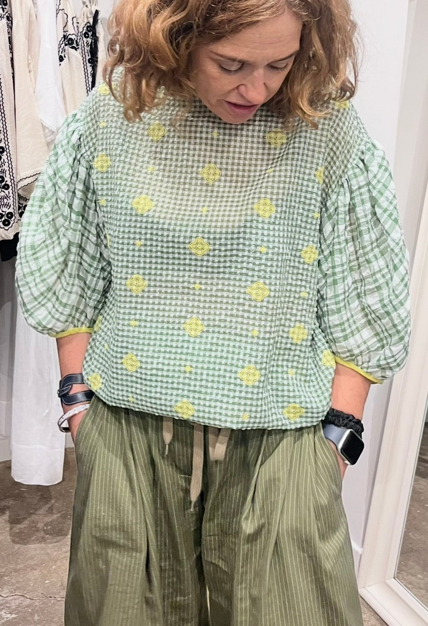 Antipast Embroidery Top in Green and Yellow - SKULPT Dublin