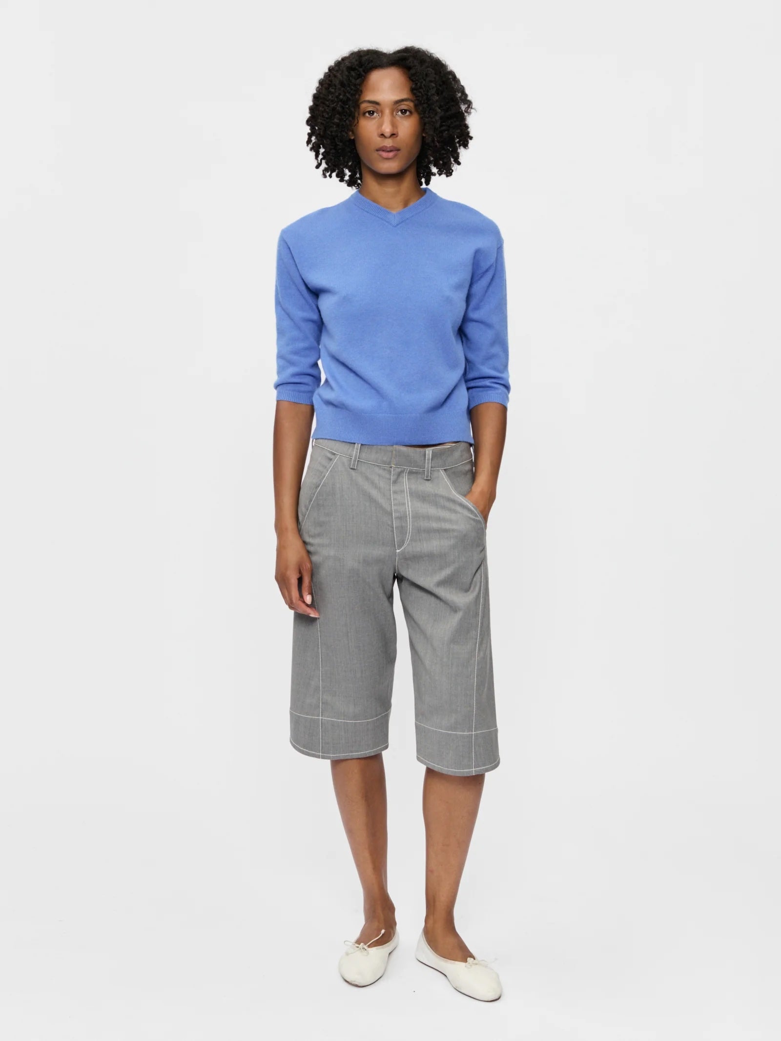 6397 Cashmere Elbow V Neck Jumper in Cornflower - SKULPT Dublin