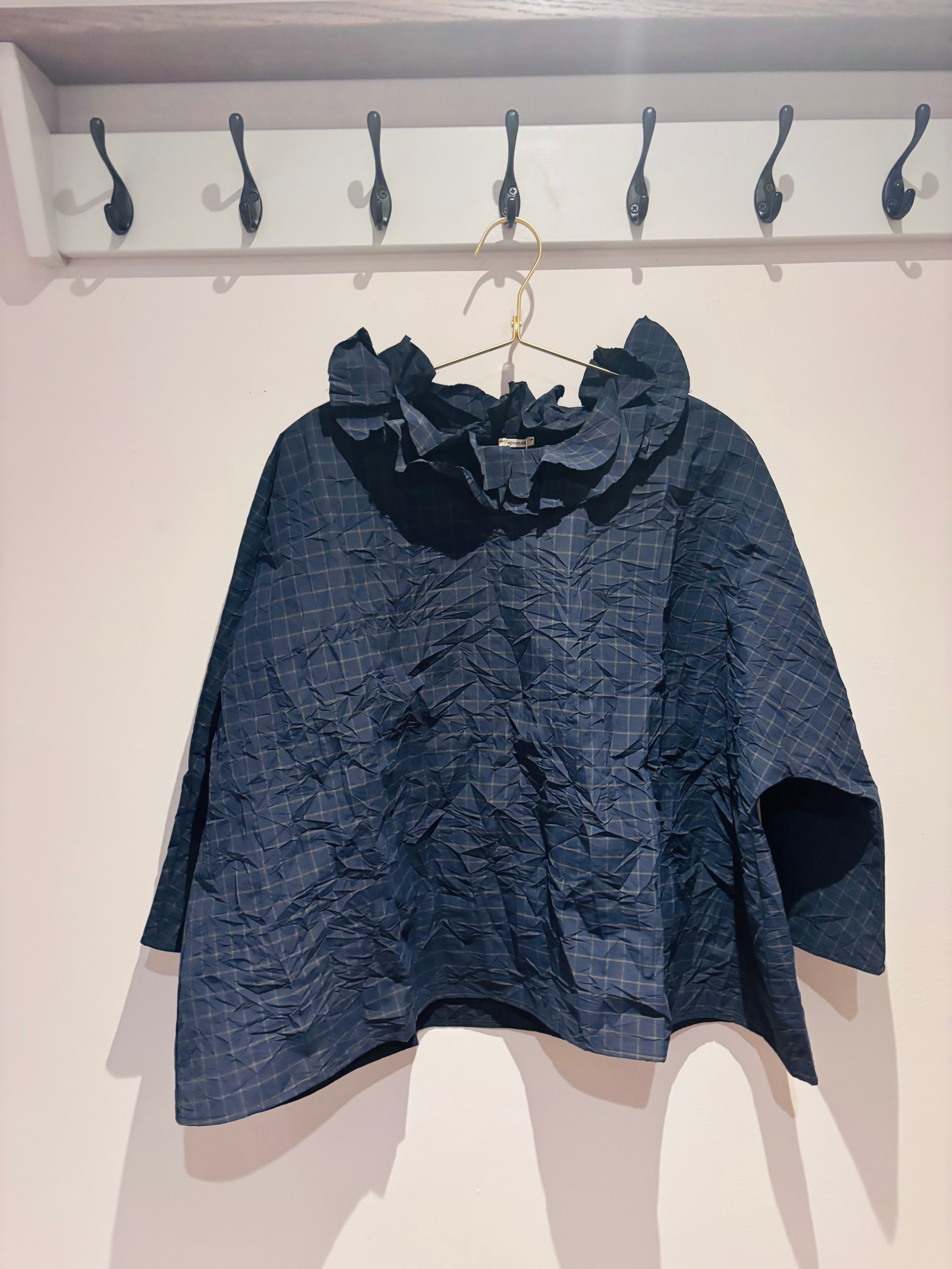 Apuntob Ruffle Shirt in Navy and Khaki Check - SKULPT Dublin