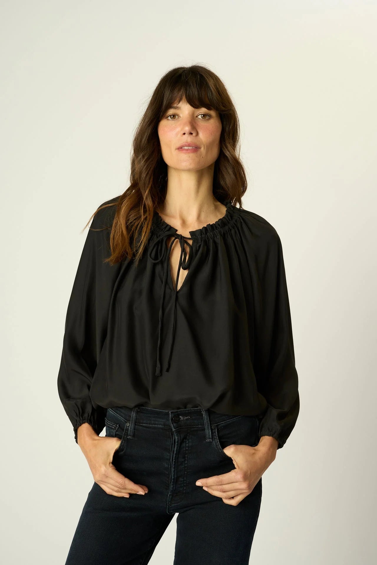 Natalie Martin Long Sleeve Neck Tie Silk Shirt in Black - SKULPT Dublin