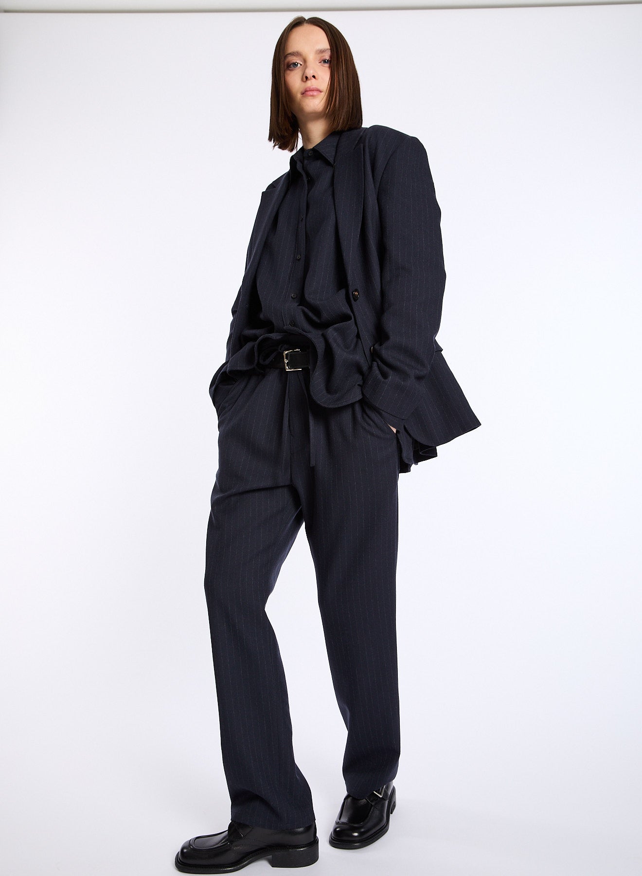 Lis Lareida Wool Pinstripe Shirt in Navy - SKULPT Dublin