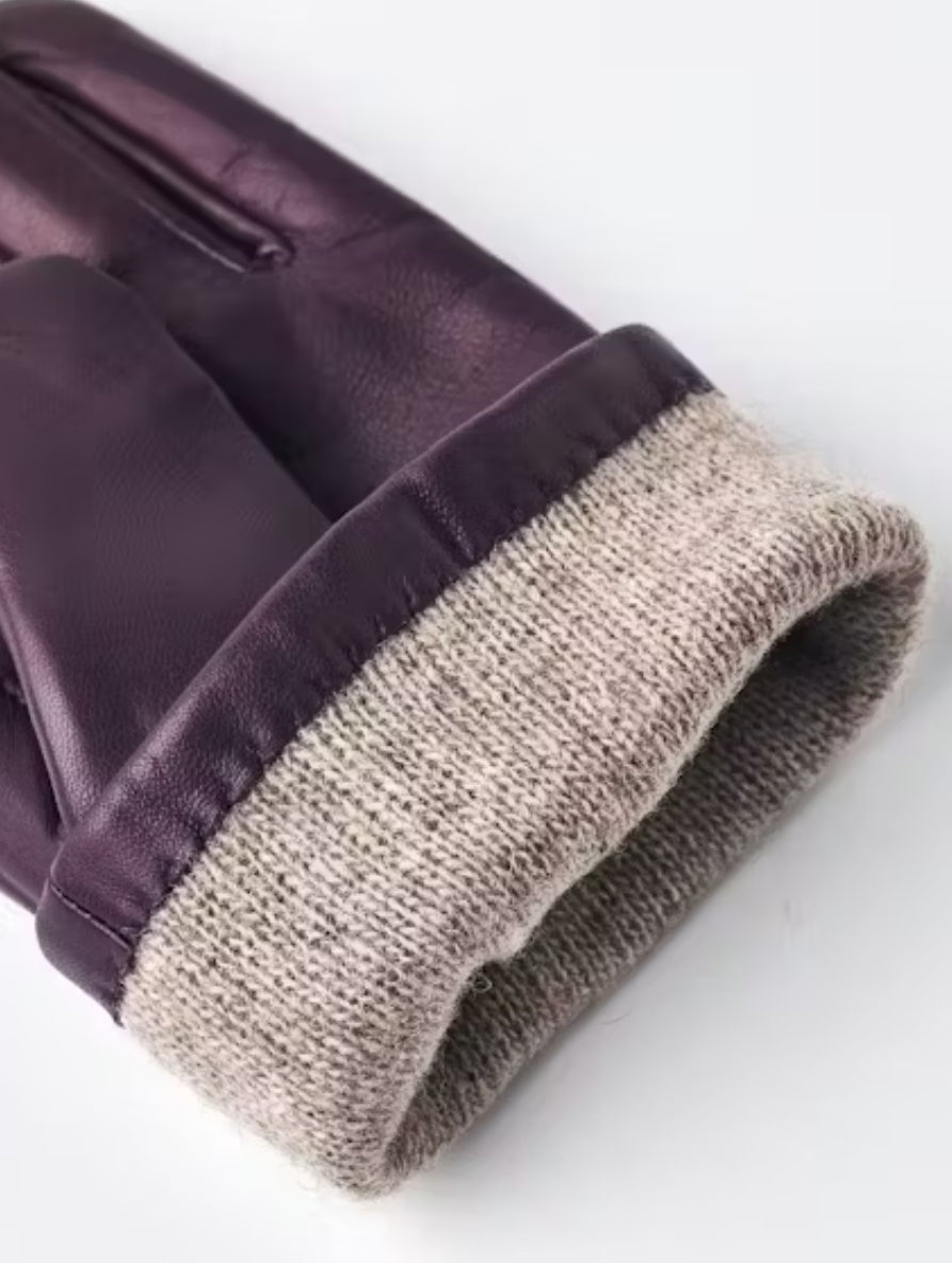Hestra Leather Touchscreen Gloves with Wool Lining in Dark Plum