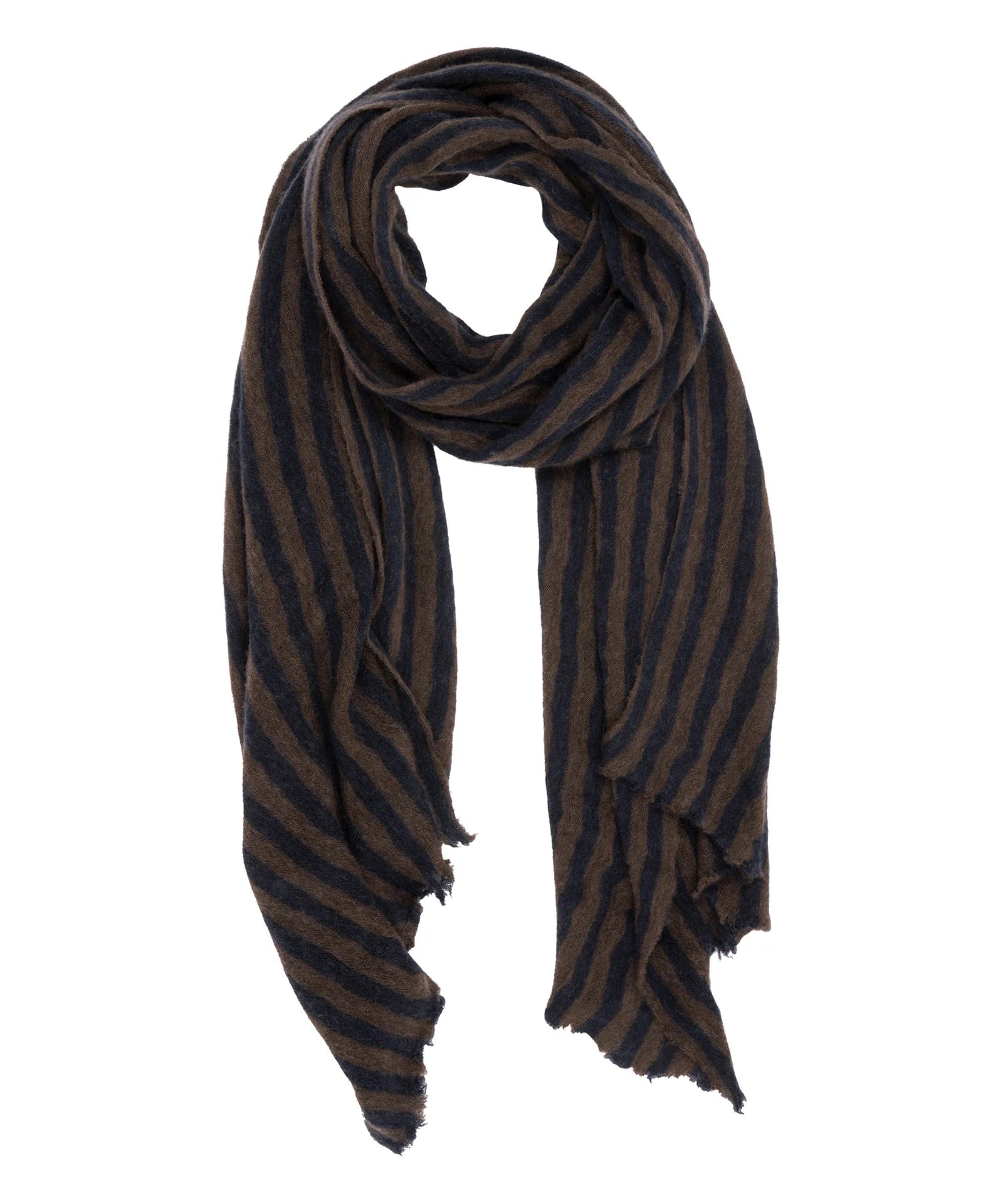 Pin1876 Cashmere Scarf in Brown and Navy Wide Stripe - SKULPT Dublin