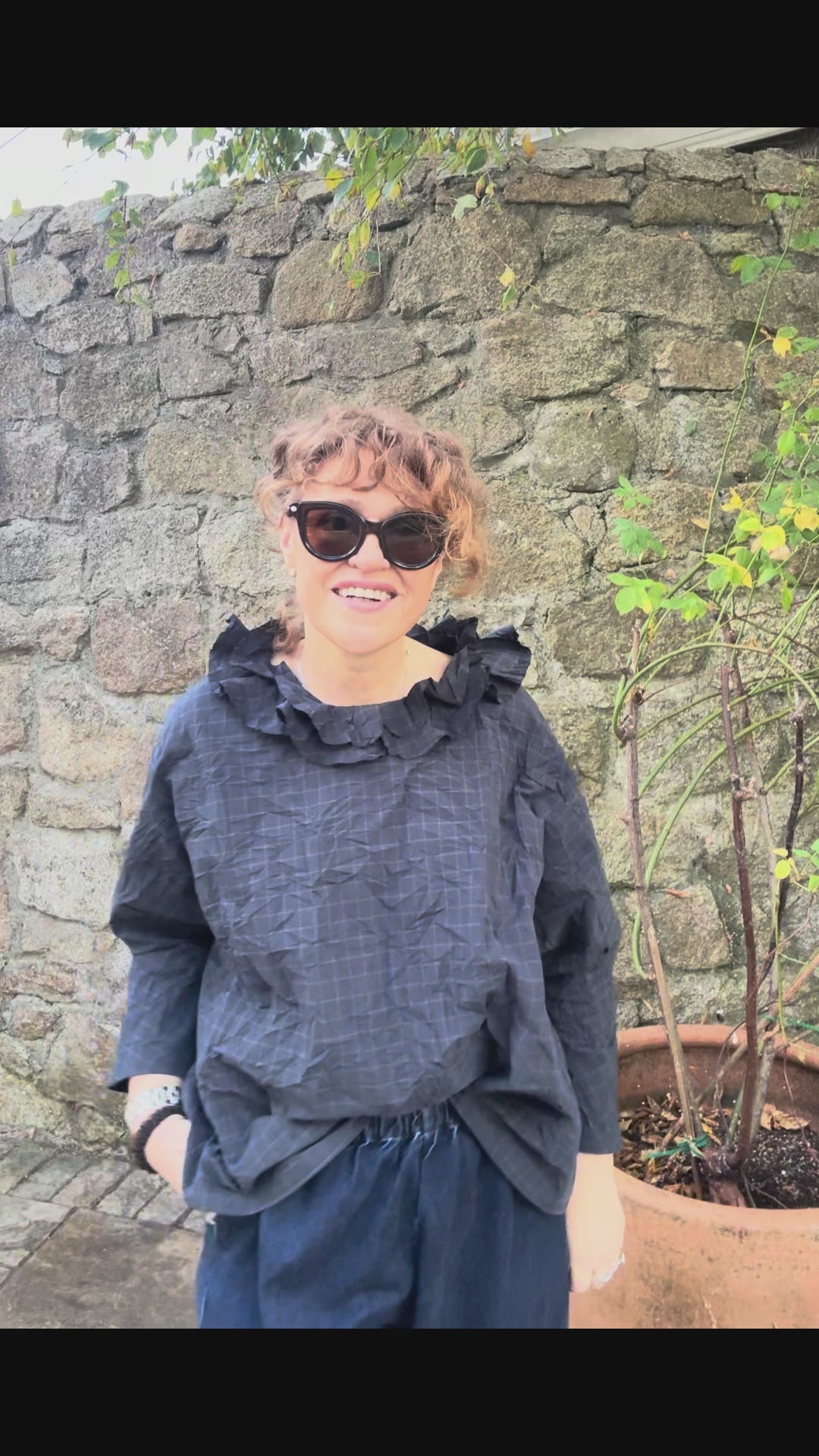 Apuntob Ruffle Shirt in Navy and Khaki Check - SKULPT Dublin
