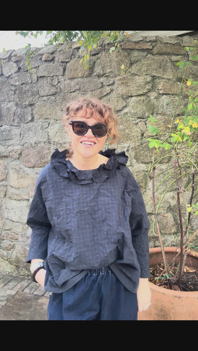 Apuntob Ruffle Shirt in Navy and Khaki Check - SKULPT Dublin